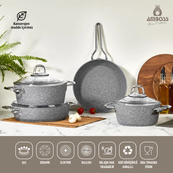 Amboss 12 Parça Paslanmaz Çelik Çok Amaçlı Kase ve Yanmaz Yapışmaz 7 Parça Granit Tencere Seti - 2