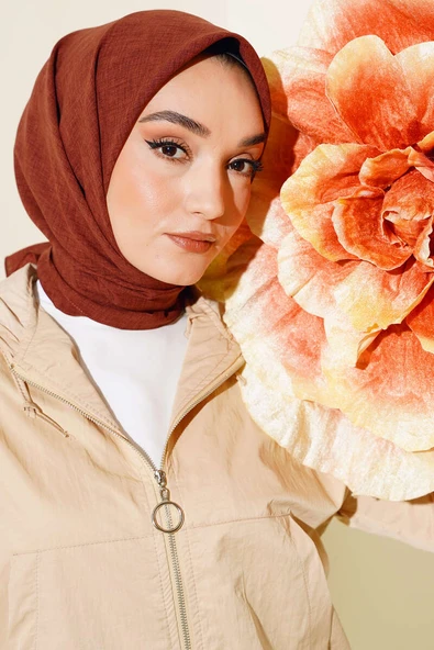 Taşlanmış Keten Eşarp Kiremit -2 - Resim 2