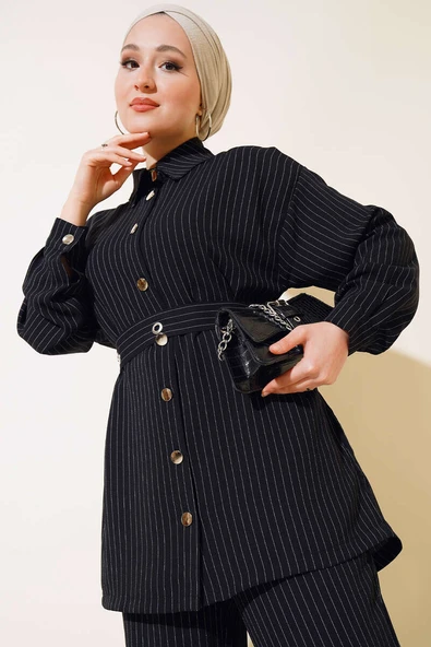 Kemerli Kuş Gözü Çizgili Takım Siyah - Resim 2