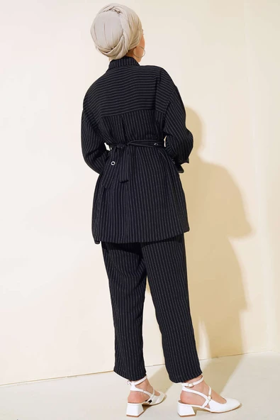 Kemerli Kuş Gözü Çizgili Takım Siyah - Resim 3