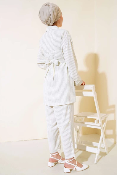 Kemerli Kuş Gözü Çizgili Takım Ekru - Resim 3