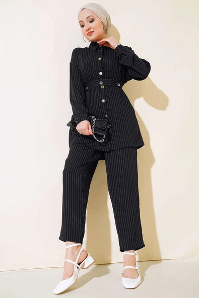Kemerli Kuş Gözü Çizgili Takım Siyah ürün görseli 1