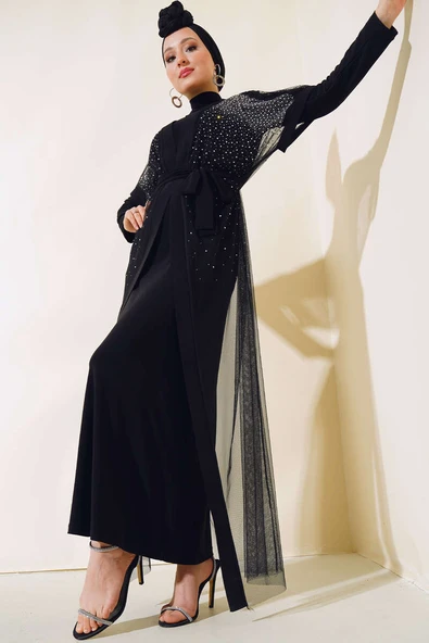 Taşlı Kısa Kol Tül Abaya Siyah