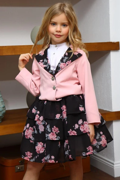 Kız Çocuk Çiçek Desenli KatKat, Atlas Kumaş Etek Pudra Ceket Etekli Takım - Resim 5
