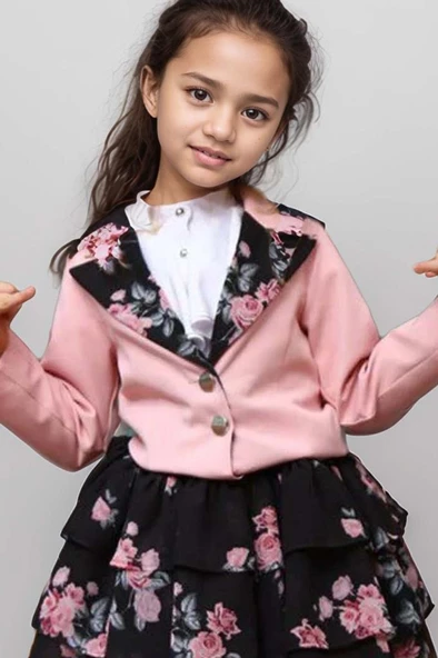 Kız Çocuk Çiçek Desenli KatKat, Atlas Kumaş Etek Pudra Ceket Etekli Takım - Resim 2