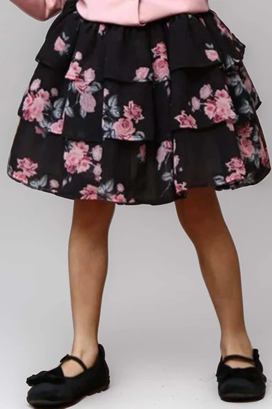 Kız Çocuk Çiçek Desenli KatKat, Atlas Kumaş Etek Pudra Ceket Etekli Takım - Resim 3