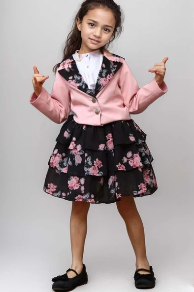 Kız Çocuk Çiçek Desenli KatKat, Atlas Kumaş Etek Pudra Ceket Etekli Takım ürün görseli