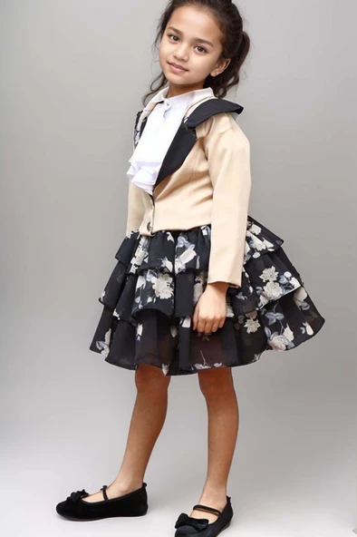 Kız Çocuk Çiçek Desenli KatKat, Atlas Kumaş Etek Bej Ceket Etekli Takım ürün görseli