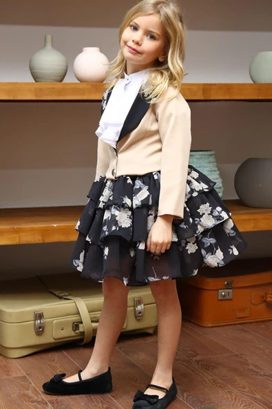 Kız Çocuk Çiçek Desenli KatKat, Atlas Kumaş Etek Bej Ceket Etekli Takım - Resim 5