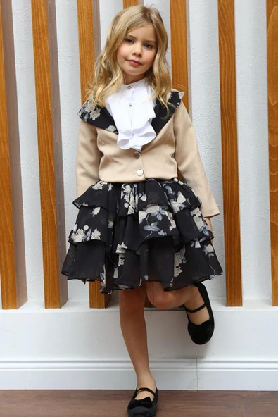 Kız Çocuk Çiçek Desenli KatKat, Atlas Kumaş Etek Bej Ceket Etekli Takım - Resim 4