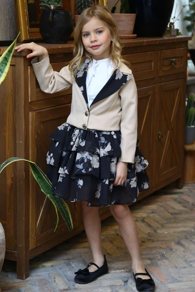 Kız Çocuk Çiçek Desenli KatKat, Atlas Kumaş Etek Bej Ceket Etekli Takım - Resim 6