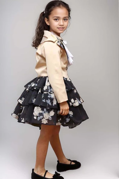 Kız Çocuk Çiçek Desenli KatKat, Atlas Kumaş Etek Bej Ceket Etekli Takım - Resim 2