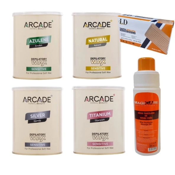 Arcade Konserve Ağda 800 ml Özel Set  + Silver + Natural + Titanyum + Azulen + Sir Ağda Yağı 85ml +