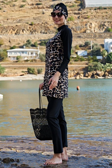 Ruko Maio 23126-1 Leopar Reglan Kol Tam Tesettür Mayo - Resim 2