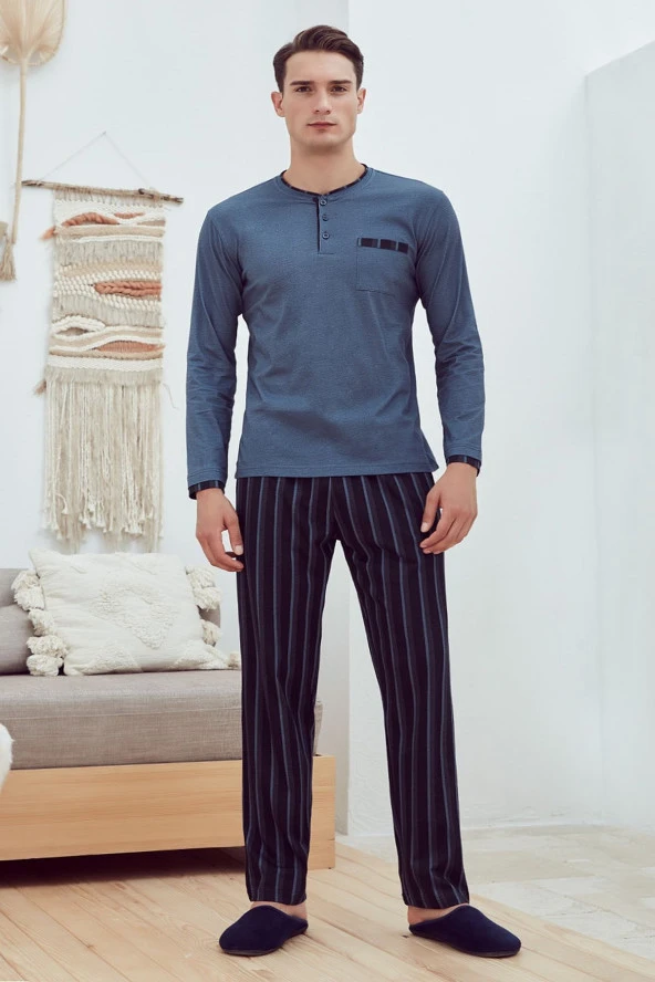 29102 Pamuk Uzun Kol Erkek Pijama Takımı Mavi