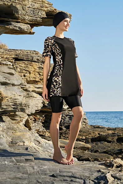 Ruko Maio 23146 Leopar Reglan Yarım Kollu Yarı Tesettür Mayo ürün görseli