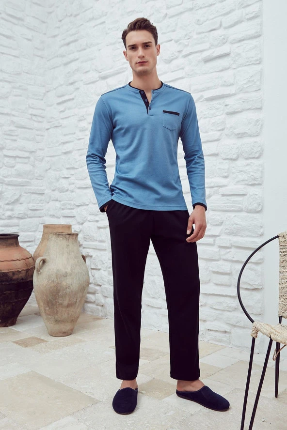 29210 Mavi Erkek Interlok Yakası Patlı Uzun Kollu Pijama Takımı