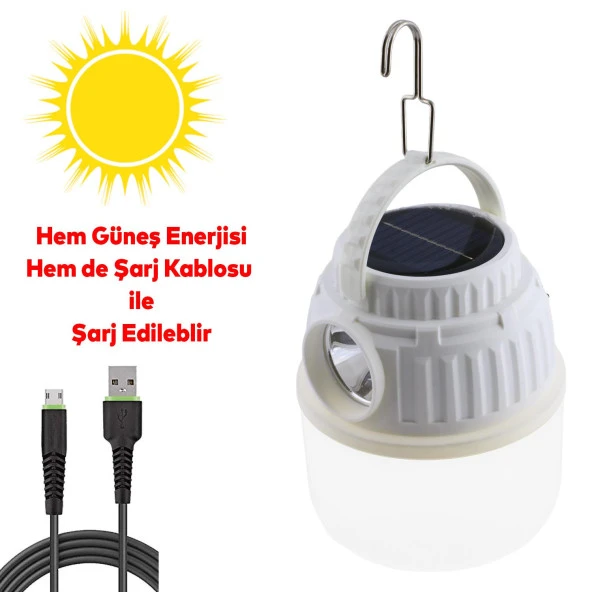 Dekoratif Kamp Lambası Feneri Led Beyaz Işıklı El Feneri Şarjlı Işıldak Portatif 30 W Şarj Güneş Enerjili - 3
