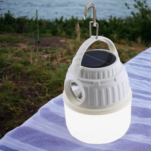 Dekoratif Kamp Lambası Feneri Led Beyaz Işıklı El Feneri Şarjlı Işıldak Portatif 30 W Şarj Güneş Enerjili - 5