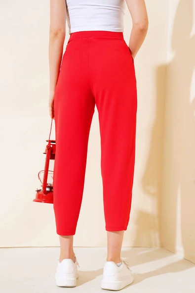 Düğmeli Dar Paça Pantolon Kırmızı - Resim 3