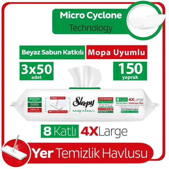 Sleepy Easy Clean Beyaz Sabun Katkılı Mopa Uyumlu Yer Temizlik Havlusu 3x50 (150 Yaprak)