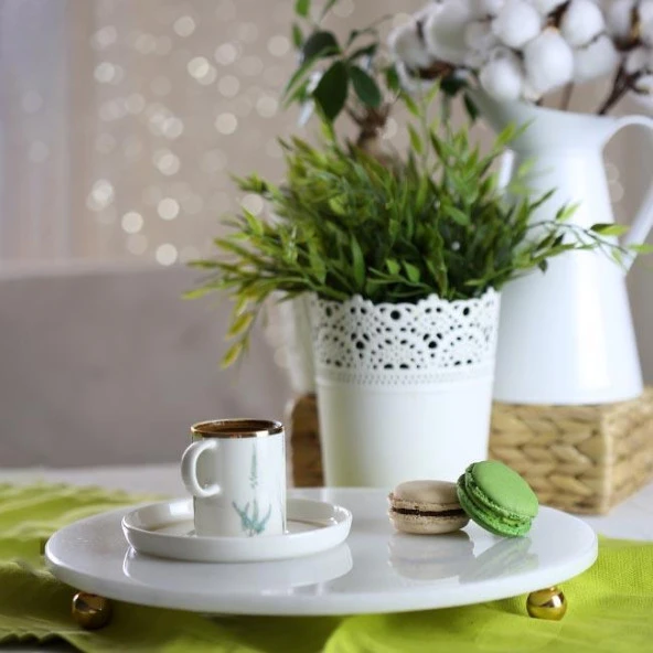 Akayev Mermer Beyaz 30 Cm Altın Boncuk Ayaklı Yuvarlak Sunumluk