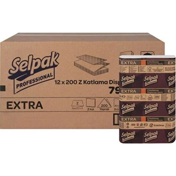 Selpak Extra Z Katlama Dispenser Havlu 200'LÜ 24 Paket 21.5 x 24 cm 2 Koli