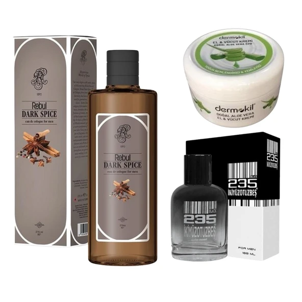 Rebul Dark Spice Kolonya 270ML Cam Şişe +235 Parfüm Men Black Edt 100 ml+ Dermokil Nemlendirici El Y