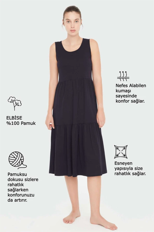 - Kadın Lacivert Sıfır Kol Elbise - Resim 4