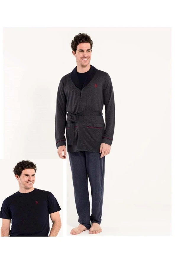 Us Polo 12004 3 Lü Robdeşambr Pijama Damat Seti - Lacivert - S