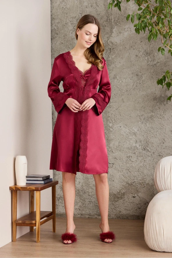 Saten Gecelik Sabahlık Pijama Takım Şort Takım 6'lı Gelin Çeyiz Seti - 6010 - Resim 2