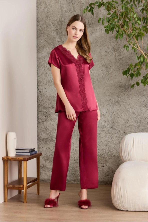 Saten Gecelik Sabahlık Pijama Takım Şort Takım 6'lı Gelin Çeyiz Seti - 6010 - Resim 7