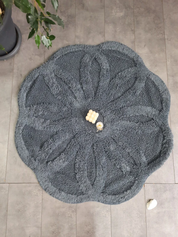 Papatya Antrasit Tufting Pamuk Banyo Paspası 100x100 cm Tek Parça Pamuk Dokuma Paspas