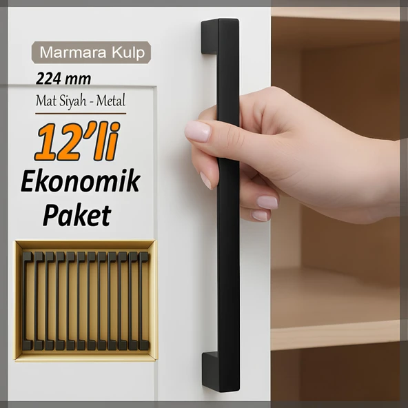 12 Adet Marmara Kulp 224 mm Siyah Mutfak Kulpu Çekmece Dolap Kapak Kulbu Metal Mobilya Dolabı Kulp ürün görseli 1
