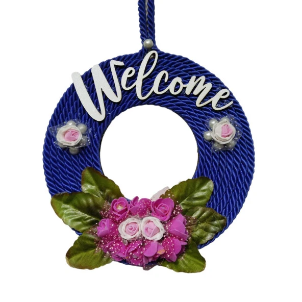 Pembe Güllü Welcome Yazılı Lacivert Kapı Süsü ürün görseli