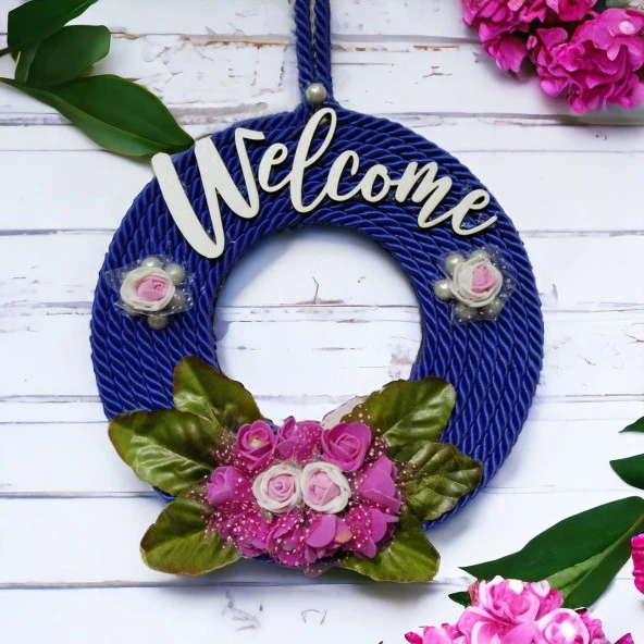 Pembe Güllü Welcome Yazılı Lacivert Kapı Süsü - Resim 3