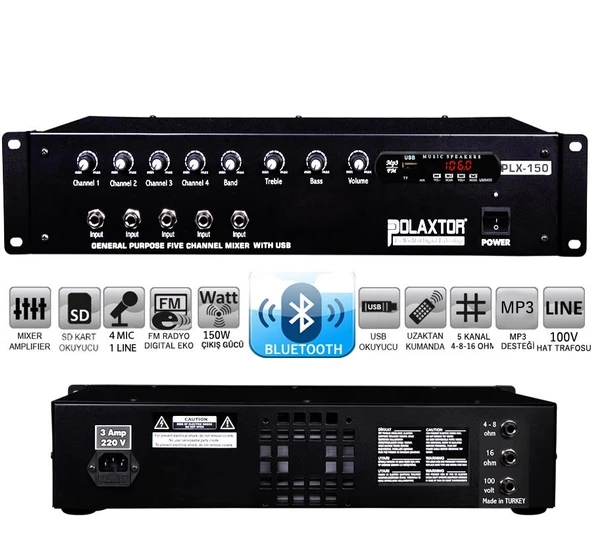 Polaxtor Plx-150t Power Mixer Anfi 5 Kanal 150 Watt Trafolu Bluetooth Usb Sd Fm