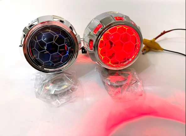 Femex Bi-Xenon Kırmızı Renk Bal Petek Desenli Far İçi Mercek 2,5 Inc Far Merceği Led Xenon Uyumlu - 2