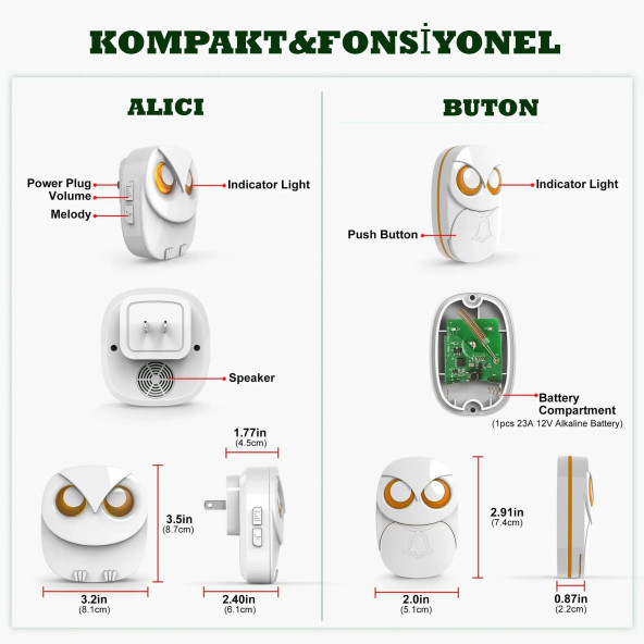 TechTic 1Buton 1Alıcı Kablosuz Kapı Zili Baykuş Şekilli Işıklı Uzun Mesafeli(300 Metre) Ev Ofis Depo(Beyaz) ürün görseli 1