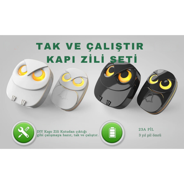 TechTic 1Buton 1Alıcı Kablosuz Kapı Zili Baykuş Şekilli Işıklı Uzun Mesafeli(300 Metre) Ev Ofis Depo(Beyaz) - 5