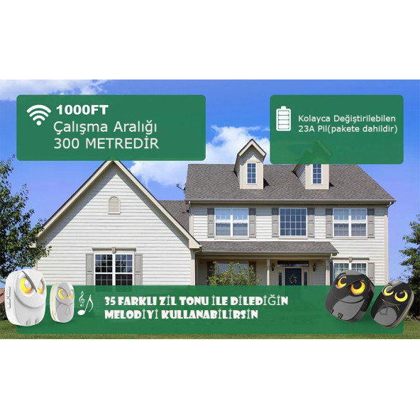 TechTic 1Buton 1Alıcı Kablosuz Kapı Zili Baykuş Şekilli Işıklı Uzun Mesafeli(300 Metre) Ev Ofis Depo(Beyaz) - 6