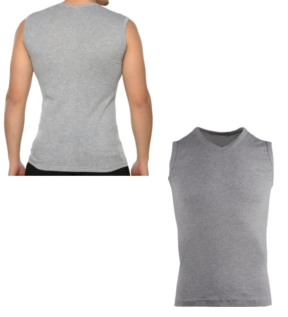 Erkek Sıfır Kol V Yaka Slimfit Likralı Düz Tişört Gri - 2