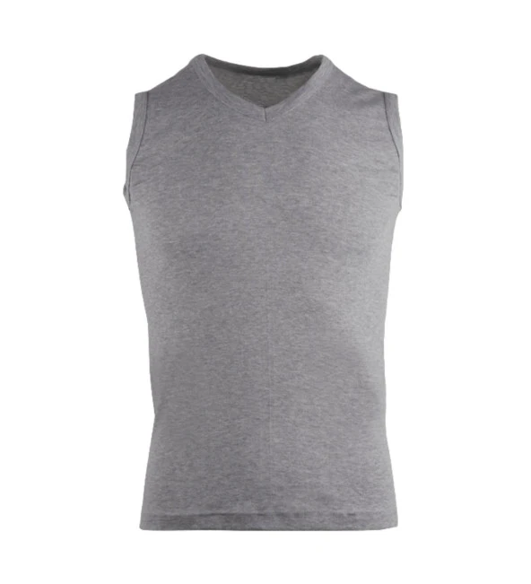 Erkek Sıfır Kol V Yaka Slimfit Likralı Düz Tişört Gri - 4