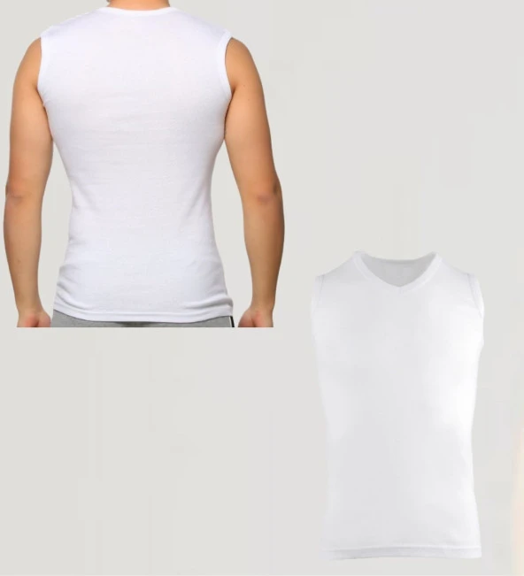 Erkek Sıfır Kol V Yaka Slimfit Likralı Düz Tişört Beyaz - 2