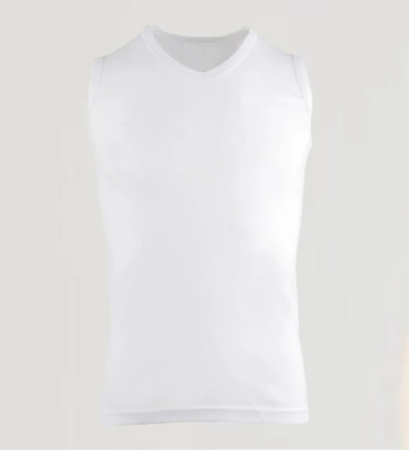 Erkek Sıfır Kol V Yaka Slimfit Likralı Düz Tişört Beyaz - 4