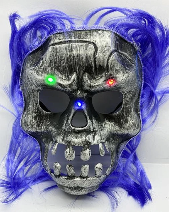 Mor Saçlı Led Işıklı Kuru Kafa İskelet Korku Maskesi 22x25 cm