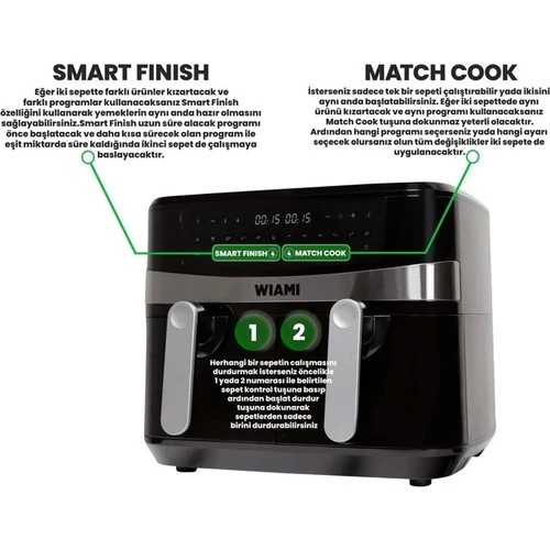 Wiami Airfryer Çift Sepetli 9 lt Yağsız Fritöz - 3