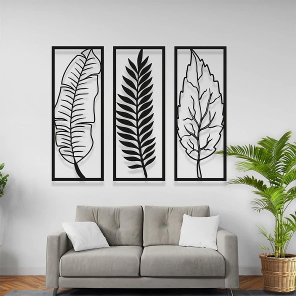 Metal Yaprak Tablo 3' lü Tropikal Yaprak Tasarımlı Lazer Kesim Tablo