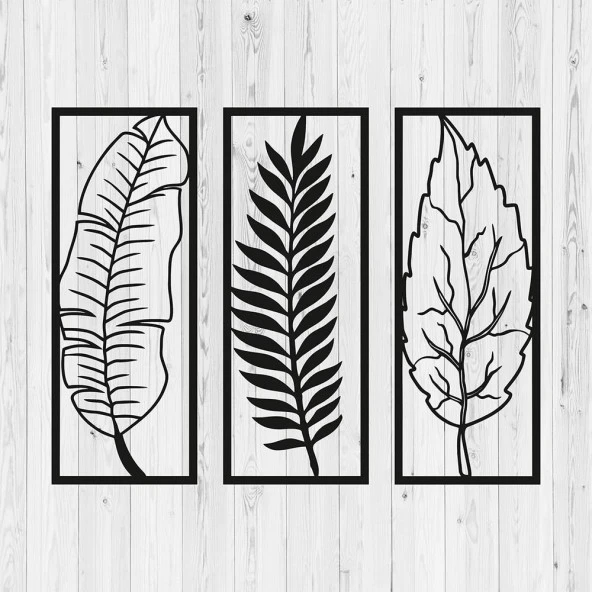 Metal Yaprak Tablo 3' lü Tropikal Yaprak Tasarımlı Lazer Kesim Tablo - 3