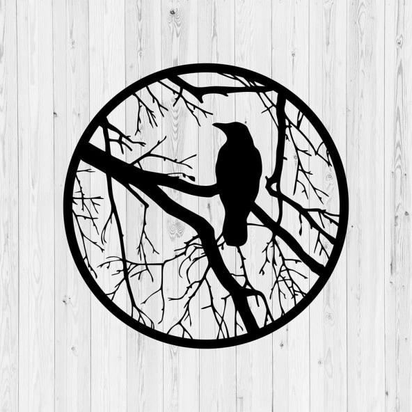 Yuvarlak Tablo Siyah Karga Temalı Lazer Kesim Metal Tablo - 3